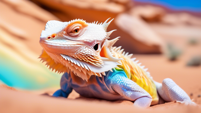 A stunning close-up of a unique albino rainbow bearded dragon basking on a vibrant, arid landscape. The dragon, with its mesmerizing, iridescent scales that shimmer in a spectrum of pastel hues, contr