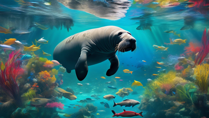 An underwater scene featuring a serene manatee swimming leisurely in crystal-clear waters, surrounded by vibrant aquatic plants and schools of colorful fish. In the background, a distant silhouette of