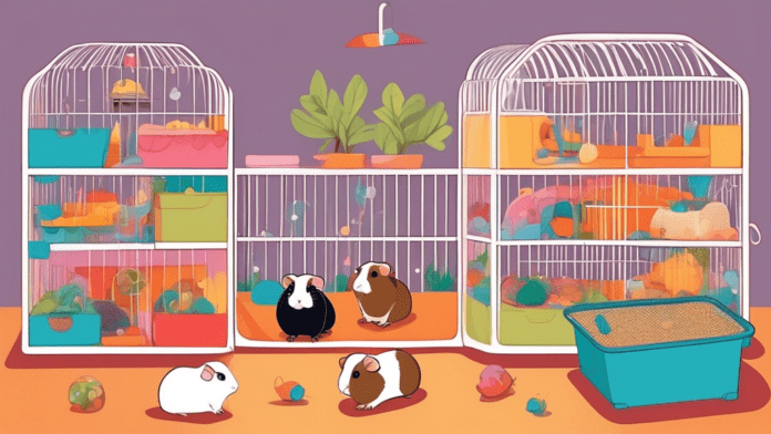 Create a detailed and colorful illustration of a spacious and comfortable cage setup for two guinea pigs. The cage should include ample space for movement, cozy bedding, a hiding hut, a food dish, a w