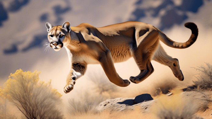 Create an image of a mountain lion in mid-stride, sprinting gracefully through a rugged mountainous terrain. Emphasize the muscles in its legs and the intense focus in its eyes to capture the sheer sp