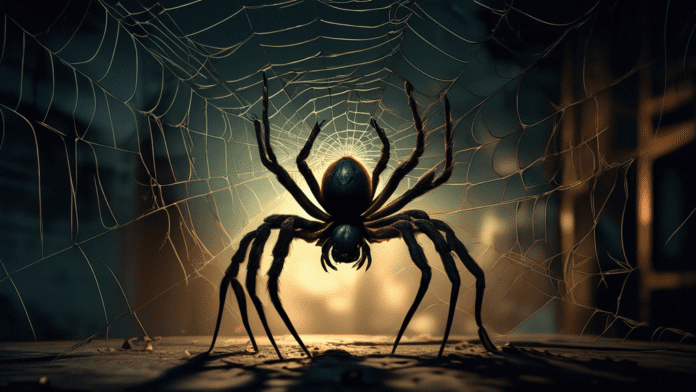 Create an image depicting a spider in a dimly lit environment, showcasing its resilience. The spider is in a detailed, intricate web, surrounded by dark shadows and subtle highlights to emphasize a se